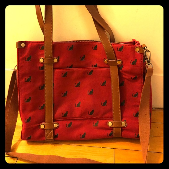 Modcloth Handbags - Modcloth Red and Brown Cat Print Shoulder Bag